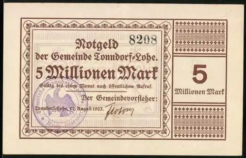 Notgeld Tonndorf-Lohe, 1923, 5 Millionen Mark, Gültig bis einem Monat nach öffentlichem Aufruf