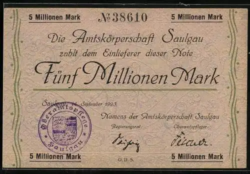 Notgeld Saulgau 1923, 5 Millionen Mark, beige Note mit grünem Rand und lila Stempel