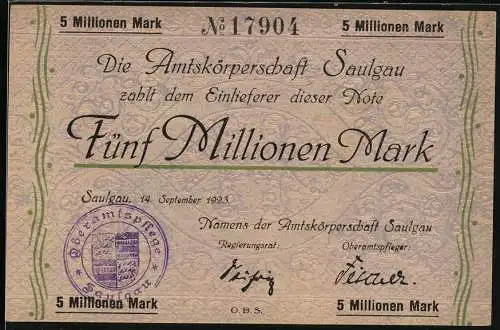 Notgeld Saulgau 1923, 5 Millionen Mark, beige Note mit lila Stempel und Unterschriften