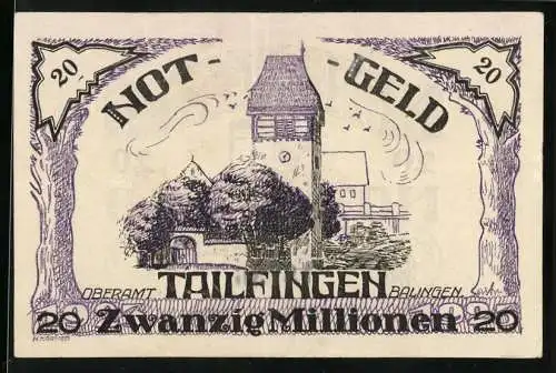 Notgeld Tailfingen 1923, 20 Millionen Mark, Kirche und Wappen mit Hämmern