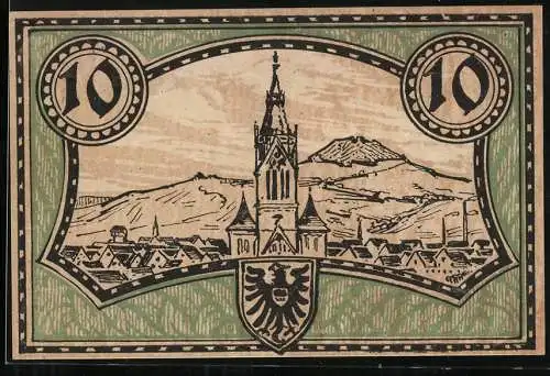 Notgeld Reutlingen 1918, 10 Mark, Gutschein der Stadt Reutlingen mit Stadtansicht und Wappen