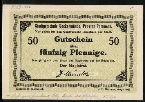 Notgeld Ueckermünde, 1920, 50 Pfennig, Gutschein über fünfzig Pfennige, Siegel des Magistrats auf Rückseite