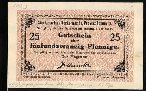 Notgeld Ueckermünde Provinz Pommern, 25 Pfennig, Gutschein der Stadtgemeinde Ueckermünde mit Magistratssiegel