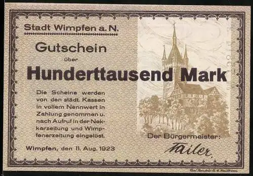 Notgeld Wimpfen 1923, 100000 Mark, Gutschein über Hunderttausend Mark mit Stadtbild und Burg