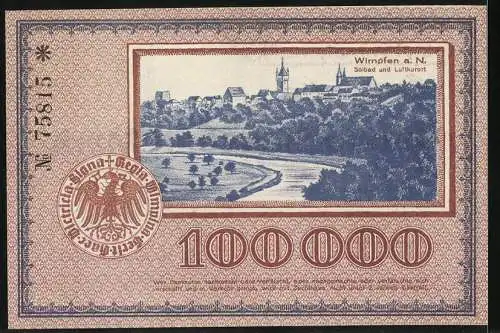 Notgeld Wimpfen 1923, 100000 Mark, Gutschein über Hunderttausend Mark mit Stadtbild und Burg