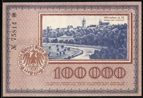 Notgeld Wimpfen a. N., 1923, 100000 Mark, Ansicht der Stadt und Kirche, Seriennummer 75814