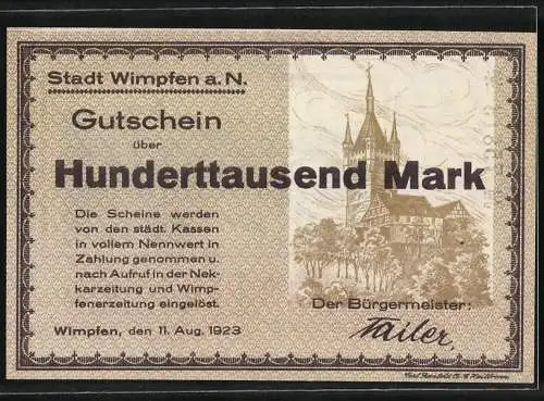 Notgeld Wimpfen a. N., 1923, 100000 Mark, Ansicht der Stadt und Kirche, Seriennummer 75814