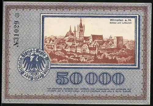 Notgeld Wimpfen, 1923, 50000 Mark, Stadtansicht und Kirche im Hintergrund