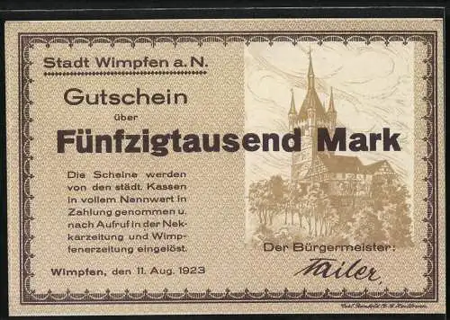 Notgeld Wimpfen, 1923, 50000 Mark, Stadtansicht und Kirche im Hintergrund