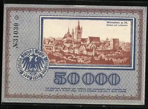 Notgeld Wimpfen a. N., 1923, 50.000 Mark, Stadtansicht und Gutschein über Fünfzigtausend Mark