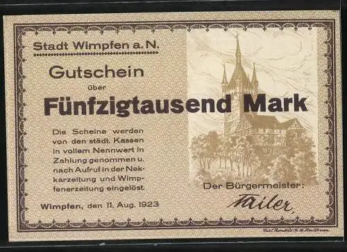 Notgeld Wimpfen a. N., 1923, 50.000 Mark, Stadtansicht und Gutschein über Fünfzigtausend Mark