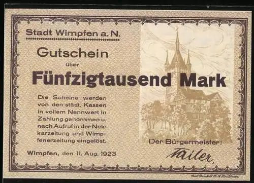 Notgeld Wimpfen, 1923, 50000 Mark, Gutschein über Fünfzigtausend Mark, Stadtansicht und Kirche