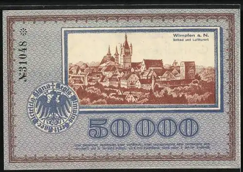 Notgeld Wimpfen, 1923, 50000 Mark, Gutschein über Fünfzigtausend Mark, Stadtansicht und Kirche