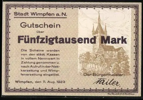 Notgeld Wimpfen, 1923, 50000 Mark, Gutschein mit Stadtansicht und Kirche, Solbad und Luftkurort