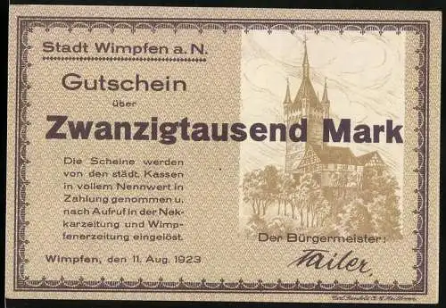 Notgeld Wimpfen 1923, 20000 Mark, Stadtansicht und Kirche, Seriennummer 969696