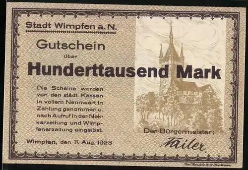 Notgeld Wimpfen 1923, 100000 Mark, Gutschein mit Stadtansicht und Kirche