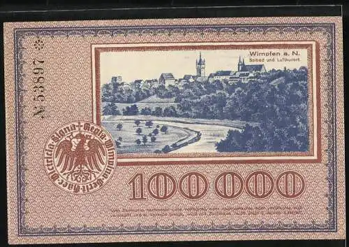 Notgeld Wimpfen 1923, 100000 Mark, Gutschein mit Stadtansicht und Kirche