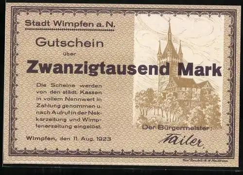 Notgeld Wimpfen 1923, 20000 Mark, Gutschein mit Stadtansicht und Burgmotiv