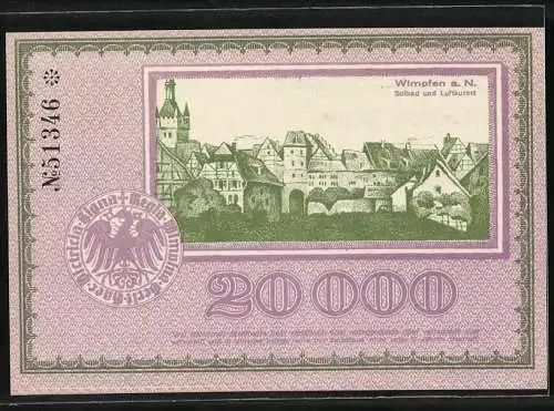 Notgeld Wimpfen 1923, 20000 Mark, Gutschein mit Stadtansicht und Burgmotiv