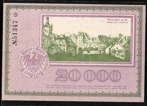 Notgeld Wimpfen, 1923, 20000 Mark, Stadtansicht und Kirche, Gutschein über Zwanzigtausend Mark