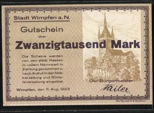 Notgeld Wimpfen, 1923, 20000 Mark, Stadtansicht und Kirche, Gutschein über Zwanzigtausend Mark