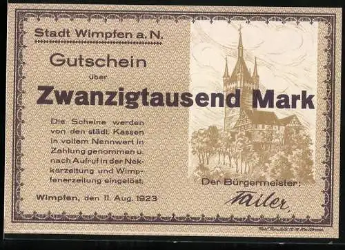 Notgeld Wimpfen 1923, Zwanzigtausend Mark, Stadtansicht und Kirche, Nr. 51345