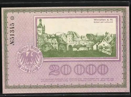 Notgeld Wimpfen 1923, Zwanzigtausend Mark, Stadtansicht und Kirche, Nr. 51345