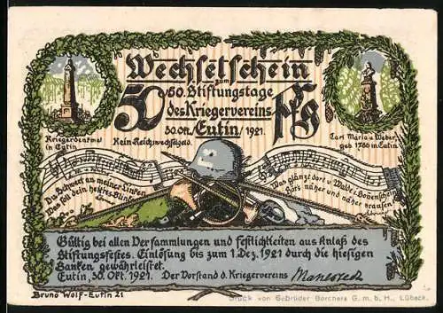 Notgeld Eutin 1921, 50 Pfennig, 50. Stiftungstage des Kriegervereins, Landschaft und Helm mit Gewehr