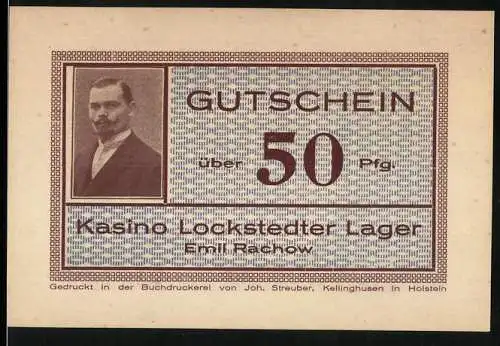 Notgeld Lockstedter Lager 1922, 50 Pfennig, Gutschein vom Kasino Emil Pachov, Gültigkeit bis 1. Januar 1922