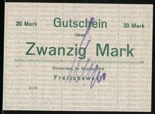 Notgeld Einswarden, 1918, 20 Mark, Gutschein über Zwanzig Mark, gültig in Nordenham und Umgebung