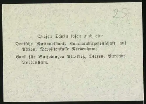 Notgeld Einswarden, 1918, 20 Mark, Gutschein über Zwanzig Mark, gültig in Nordenham und Umgebung