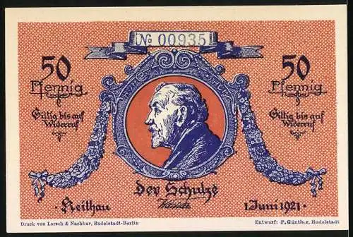 Notgeld Keilhau, 1921, 50 Pfennig, Porträts und Landschaft der Gemeinde Reilhausen, Gültig bis auf Widerruf