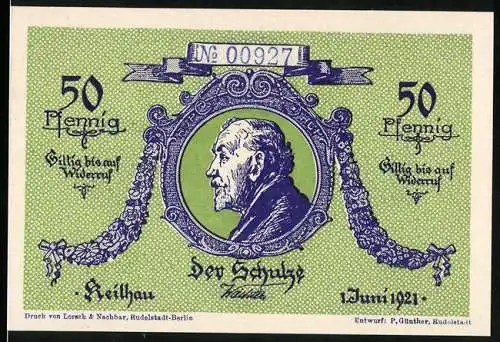 Notgeld Keilhau, 1921, 50 Pfennig, Porträt eines Mannes und Landschaftsansicht der Gemeinde Keilhau