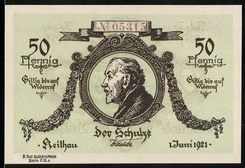 Notgeld Keilhau 1921, 50 Pfennig, Der Schulze Porträt und Gemeindeansicht