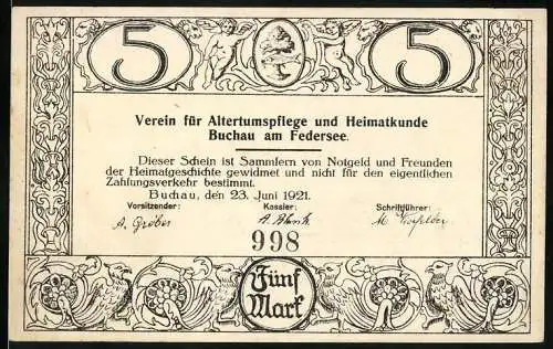 Notgeld Buchau, 1921, 5 Mark, Verein für Altertumspflege und Heimatkunde, Stadtansicht Buchau am Federsee