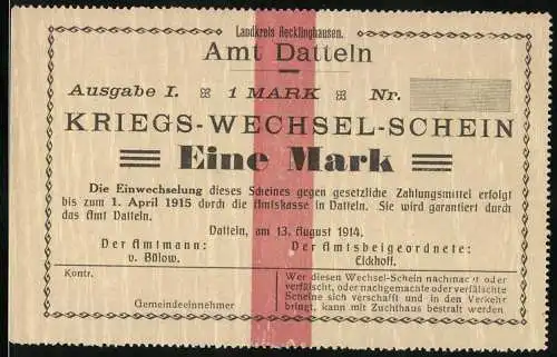 Notgeld Datteln, 1914, 1 Mark, Kriegs-Wechsel-Schein gültig bis 1. April 1915