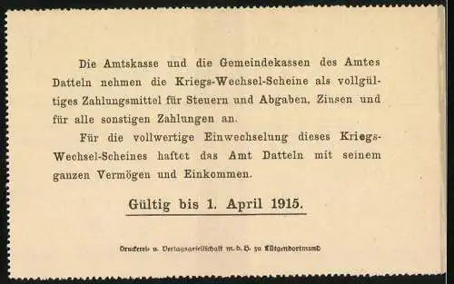 Notgeld Datteln, 1914, 1 Mark, Kriegs-Wechsel-Schein gültig bis 1. April 1915
