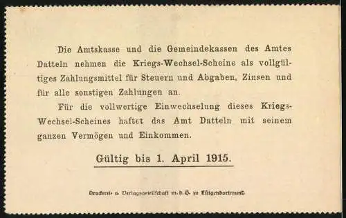 Notgeld Datteln 1914, 2 Mark, Kriegs-Wechsel-Schein Ausgabe I gültig bis 1. April 1915