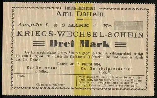 Notgeld Datteln, 1914, 3 Mark, Kriegs-Wechsel-Schein Ausgabe I gültig bis 1. April 1915