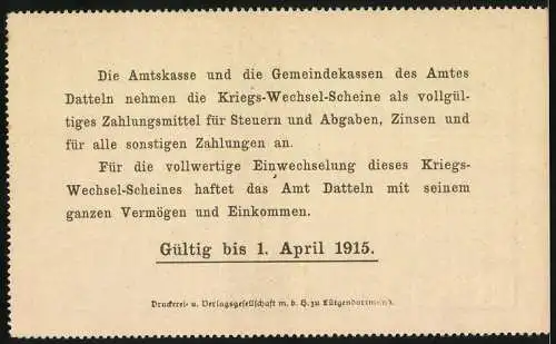 Notgeld Datteln, 1914, 3 Mark, Kriegs-Wechsel-Schein Ausgabe I gültig bis 1. April 1915