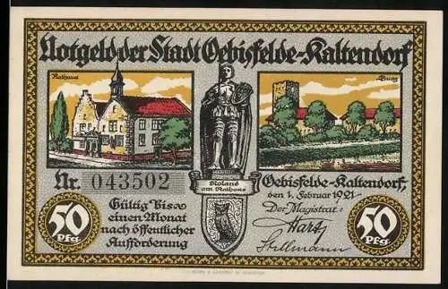 Notgeld Ohlsfeld-Kaltendorf, 1921, 50 Pfennig, Rathaus und Burg, Roland-Statue, Seriennummer 043502, gültig bis 1 Monat