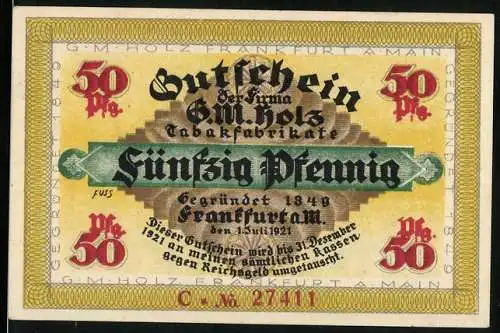 Notgeld Frankfurt am Main 1921, 50 Pfennig, Gutschein der Firma G.M. Holz Tabakfabrikate, Wolfs-Eck Motiv