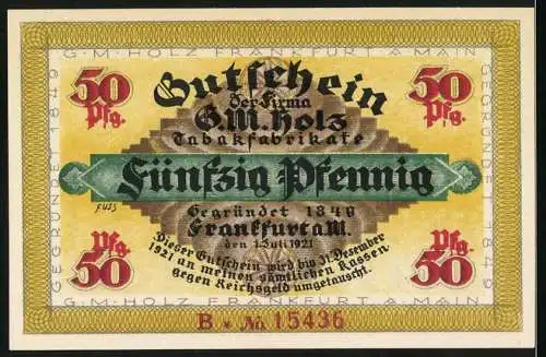 Notgeld Frankfurt am Main 1921, 50 Pfennig, Gutschein der Firma G.M. Holz Tabakfabrikate, Wolfs-Eck Design