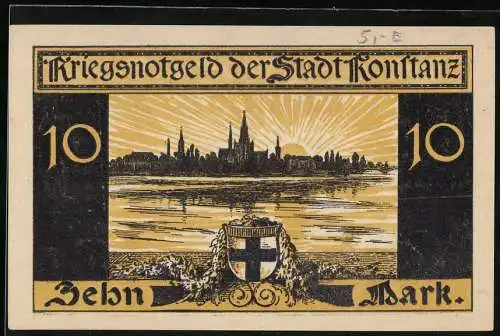Notgeld Konstanz 1918, 10 Mark, Kriegsnotgeld mit Stadtansicht und Wappen, Seriennummer 36403
