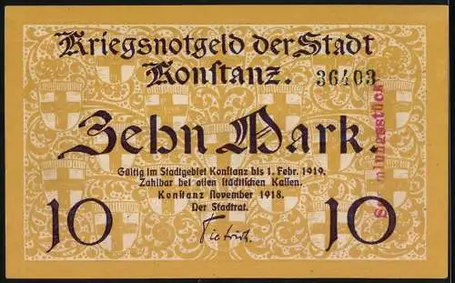 Notgeld Konstanz 1918, 10 Mark, Kriegsnotgeld mit Stadtansicht und Wappen, Seriennummer 36403