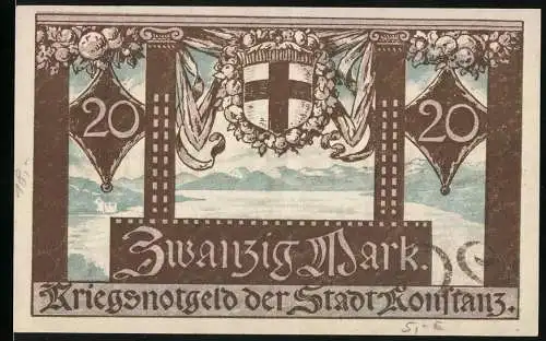 Notgeld Konstanz 1918, 20 Mark, Kriegsnotgeld der Stadt Konstanz, Sammlungsstück, gültig bis 1. Febr. 1919