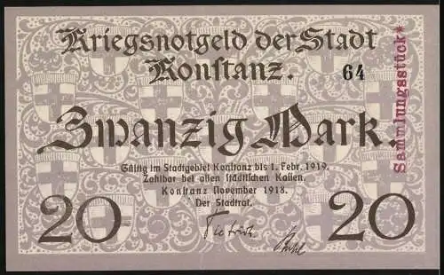 Notgeld Konstanz 1918, 20 Mark, Kriegsnotgeld der Stadt Konstanz, Sammlungsstück, gültig bis 1. Febr. 1919