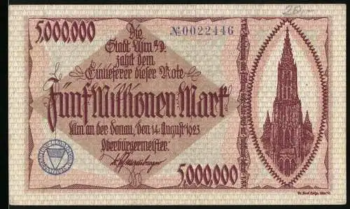 Notgeld Ulm, 1923, 5 Millionen Mark, Ulmer Münster und Stadtansicht