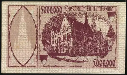 Notgeld Ulm, 1923, 5 Millionen Mark, Ulmer Münster und Stadtansicht