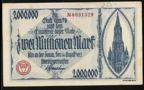Notgeld Ulm 1923, 2 Millionen Mark, Ulmer Münster und Gebäudeansicht